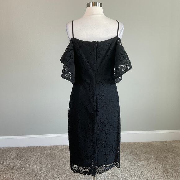Black Lace Cut Out Cocktail Dress Size 6 LAUNDRY Cold Shoulder Midi Sheath - Picture 4 of 11